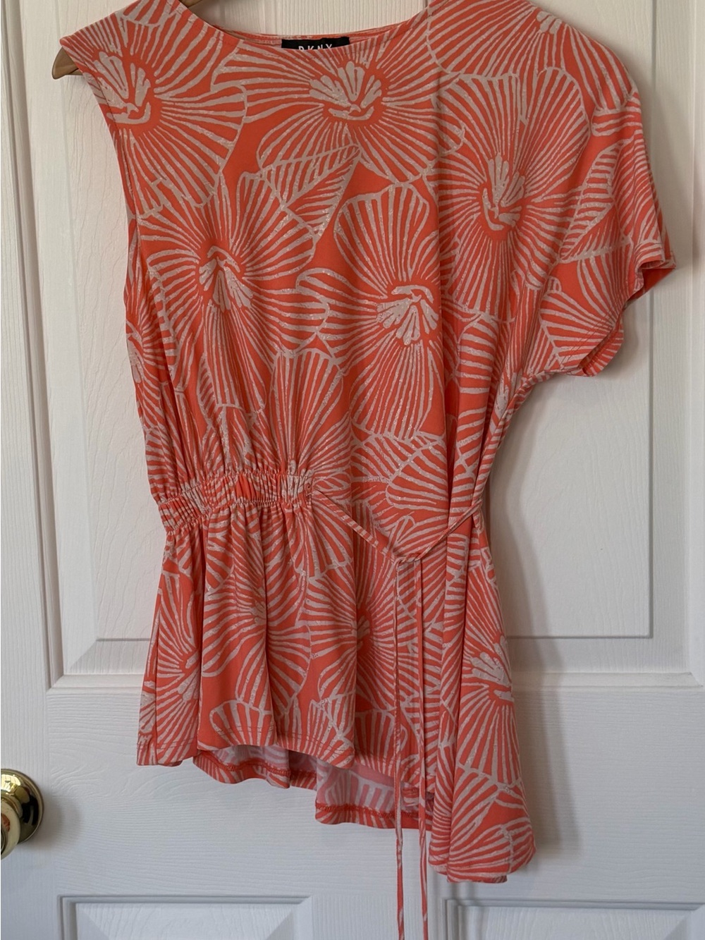 DKNY Coral and White Floral Drawstring Waist Blouse
